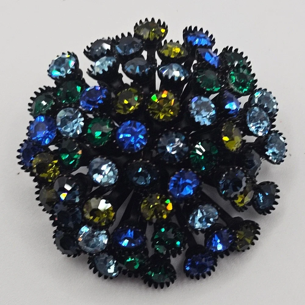 Vtg Rhinestone Brooch Dome Cluster Japanned Peacock Blue Green Statement 2